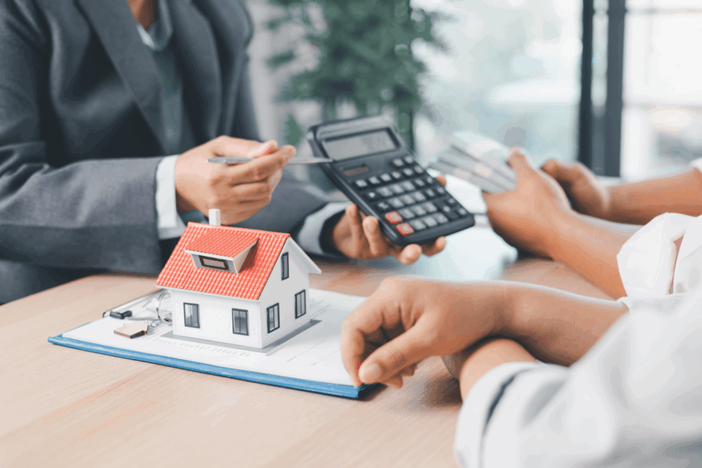Real estate agent calculating mortgage payments with a client using a calculator and a model house on a desk.