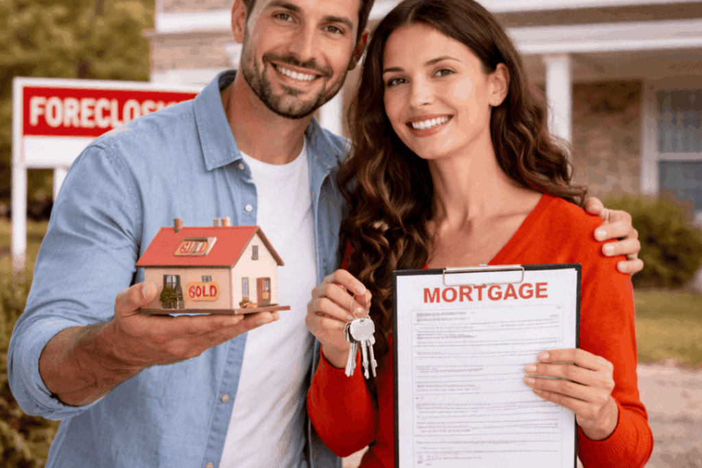 Happy couple holding house keys and mortgage documents in front of a home for sale.