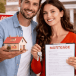 Happy couple holding house keys and mortgage documents in front of a home for sale.