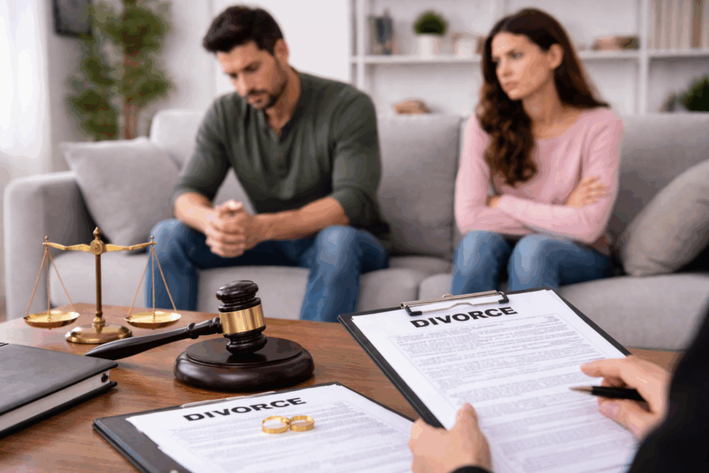 Couple sitting apart on a couch during a divorce consultation with legal documents, a gavel, and wedding rings on the table.