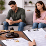 Couple sitting apart on a couch during a divorce consultation with legal documents, a gavel, and wedding rings on the table.