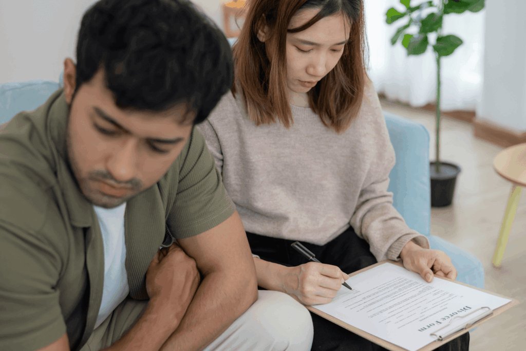  Woman signing divorce paperwork on a clipboard while a man sits beside her, looking worried in a counseling or legal office setting.
