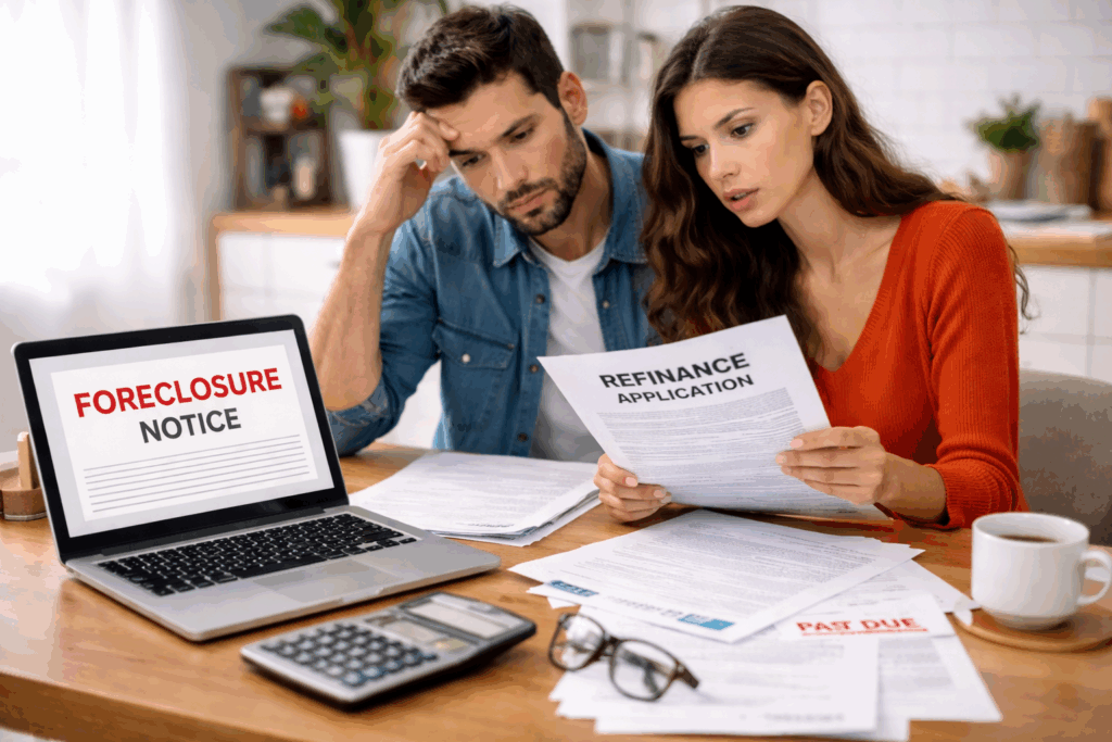Stressed couple reviewing mortgage bills and foreclosure notice on a laptop while considering refinancing options at their kitchen table.