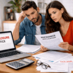 Stressed couple reviewing mortgage bills and foreclosure notice on a laptop while considering refinancing options at their kitchen table.
