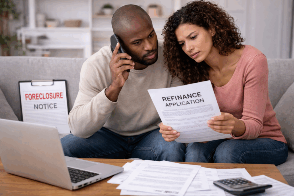  African American couple reviewing refinance documents at home while discussing options to prevent mortgage foreclosure.