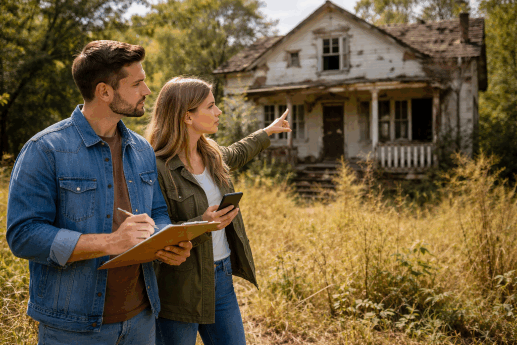  A man and woman standing in tall grass, pointing toward a neglected abandoned house while taking notes and assessing the property.