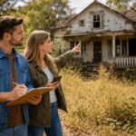A man and woman standing in tall grass, pointing toward a neglected abandoned house while taking notes and assessing the property.