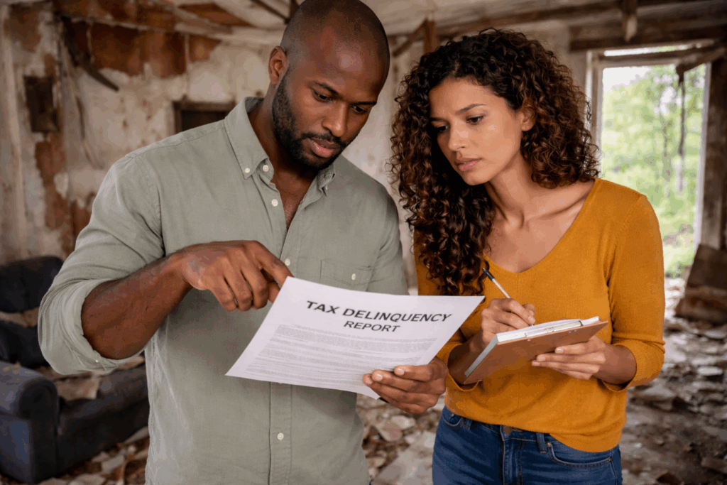 A couple standing inside a deteriorated abandoned house reviewing a tax delinquency report and taking notes, surrounded by damaged walls and debris.