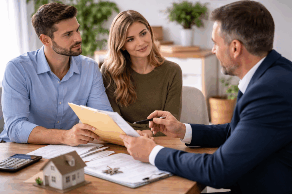  Couple meeting with a real estate attorney to review property documents and discuss a house deed buyout.