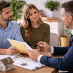 Couple meeting with a real estate attorney to review property documents and discuss a house deed buyout.