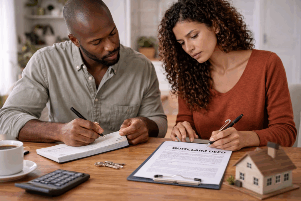 Couple reviewing and signing a quitclaim deed at a table with house keys, calculator, and paperwork during a home ownership transfer.