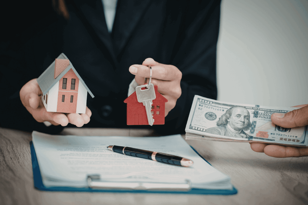 Person holding a miniature house and house keys while another hand offers cash over a real estate contract on a desk.