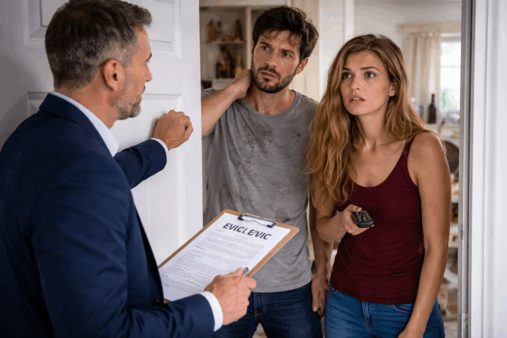 Landlord delivering an eviction notice to tenants at the front door of a rental apartment.

