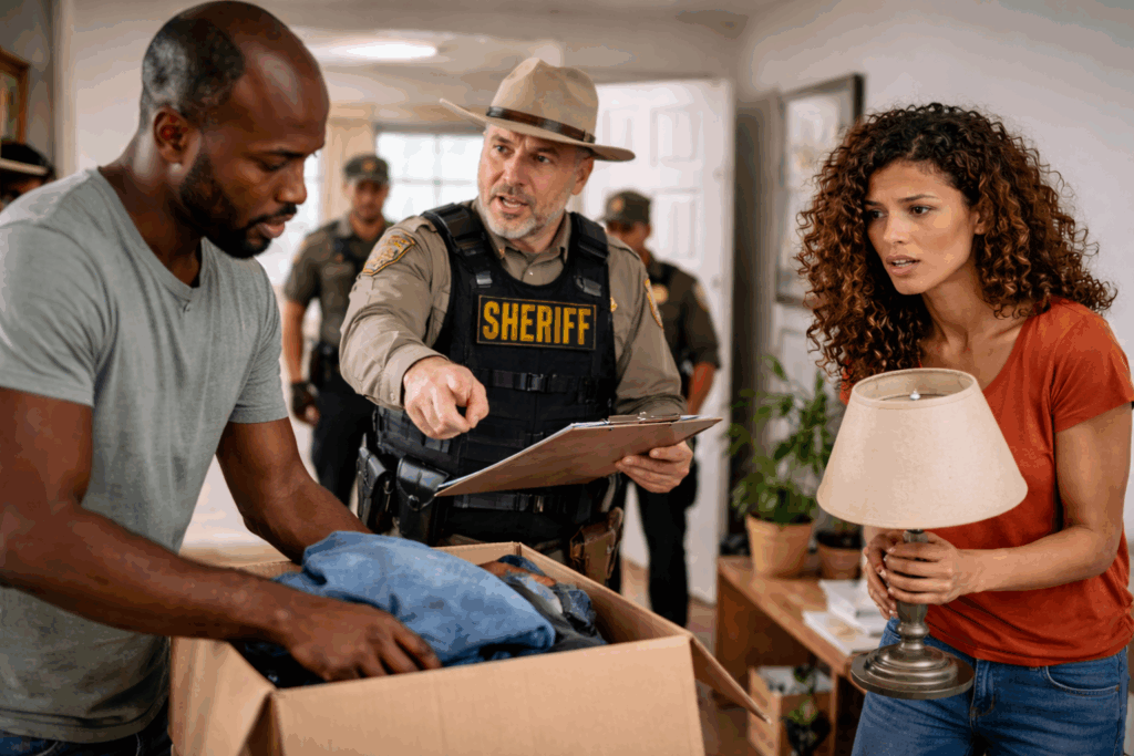 Sheriff supervising tenants packing belongings into boxes during a legal eviction inside a rental property
