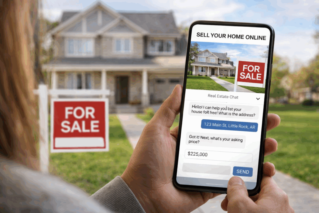 Person holding a smartphone displaying an online home listing form while standing in front of a house with a “For Sale” sign in the yard.