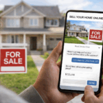 Person holding a smartphone displaying an online home listing form while standing in front of a house with a “For Sale” sign in the yard.