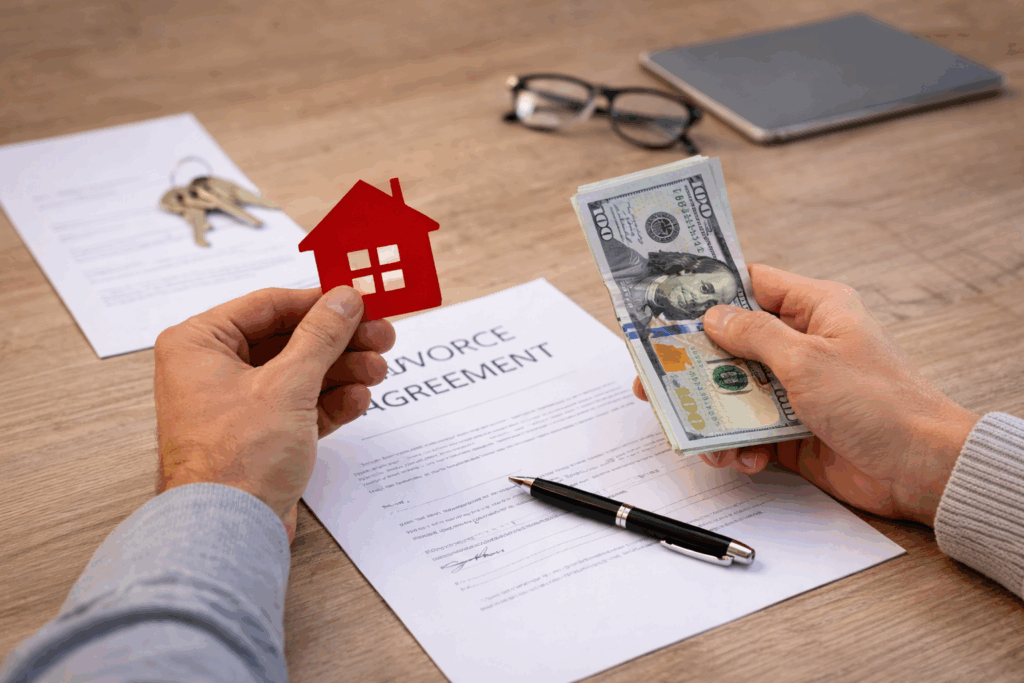 Hands holding a small red house model and cash above a divorce agreement document, representing division of marital assets and property during divorce.