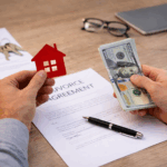 Hands holding a small red house model and cash above a divorce agreement document, representing division of marital assets and property during divorce.