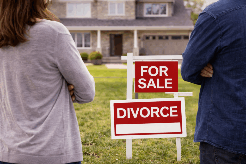 Couple standing in front of their suburban home looking at yard signs that read “For Sale” and “Divorce,” symbolizing property division during a divorce.