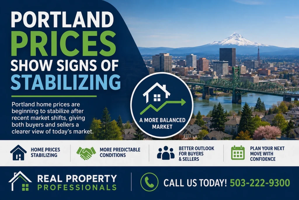 Recent market reports suggest that Portland’s housing market is becoming more balanced. Redfin reported that Portland home prices were up 4.8% year over year in March 2026, with a median sale price of about $524,000 and homes selling in about 19 days on average. Zillow also reported that the average Portland home value was about $538,687 as of April 30, 2026, down 0.9% over the past year. Together, these numbers suggest that the market is not moving sharply in one single direction, but instead showing signs of leveling out.