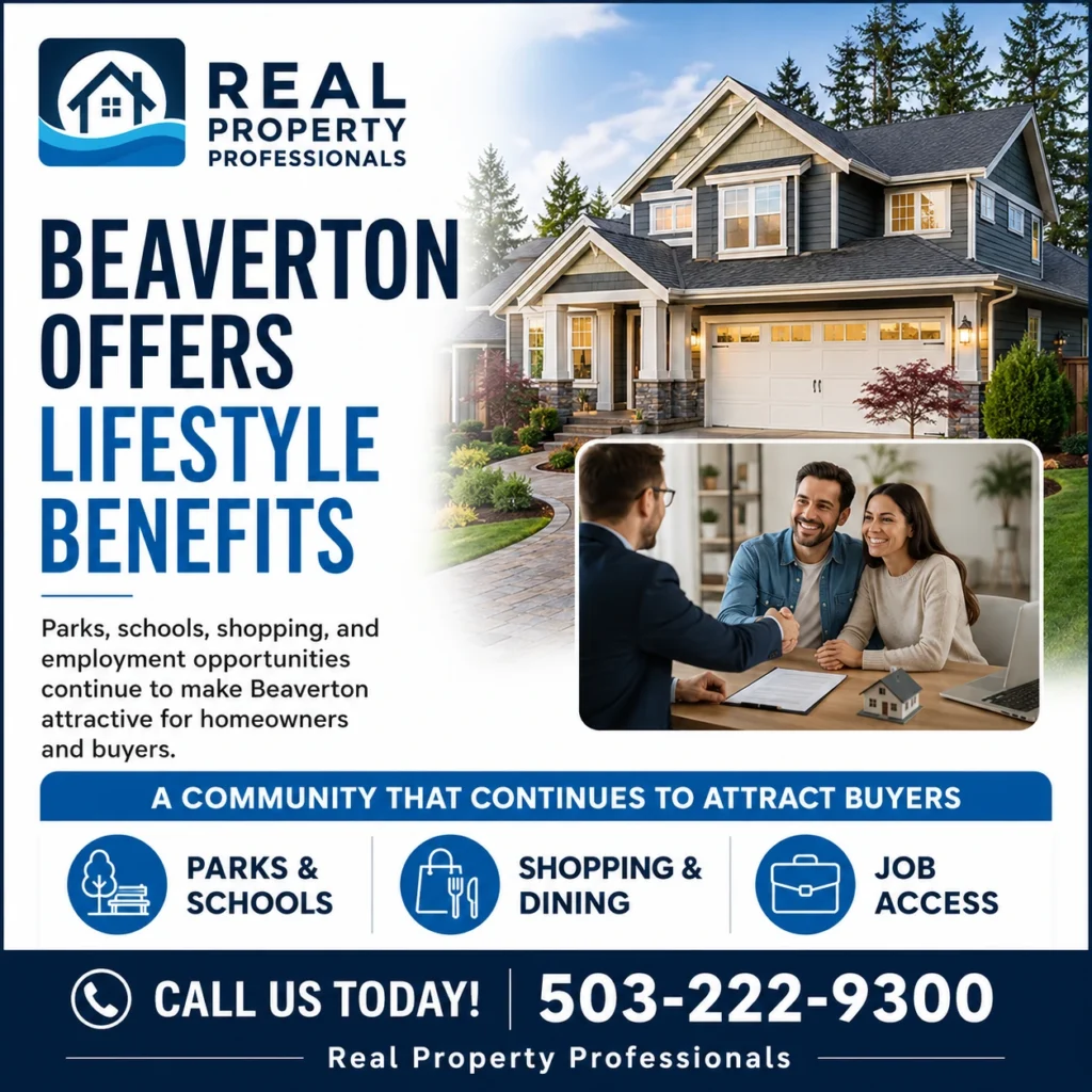 Beaverton lifestyle benefits graphic for Real Property Professionals featuring a home, buyer consultation, parks, schools, shopping, dining, and job access.