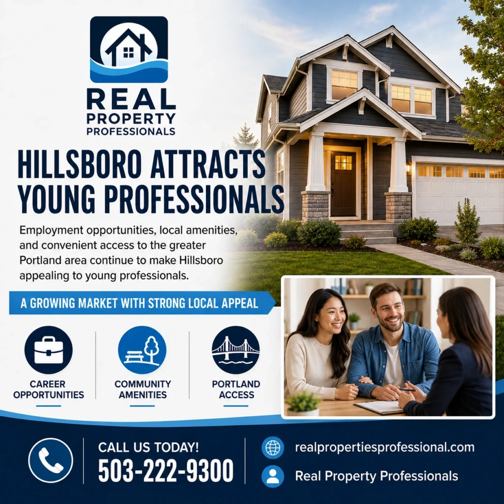 Real Property Professionals graphic showing Hillsboro attracting young professionals because of job opportunities, community amenities, and access to Portland.