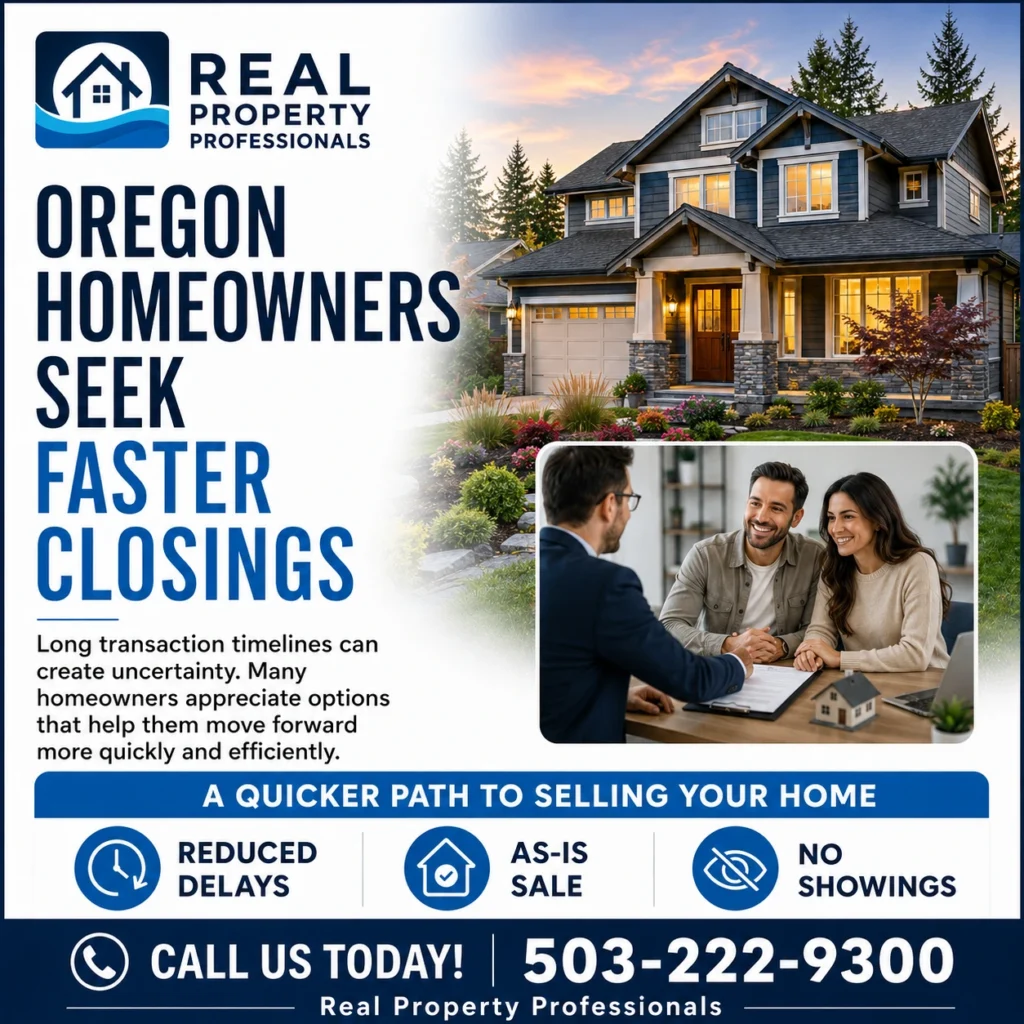 Oregon homeowners seek faster closings graphic for Real Property Professionals featuring a home, seller consultation, and as-is sale benefits.