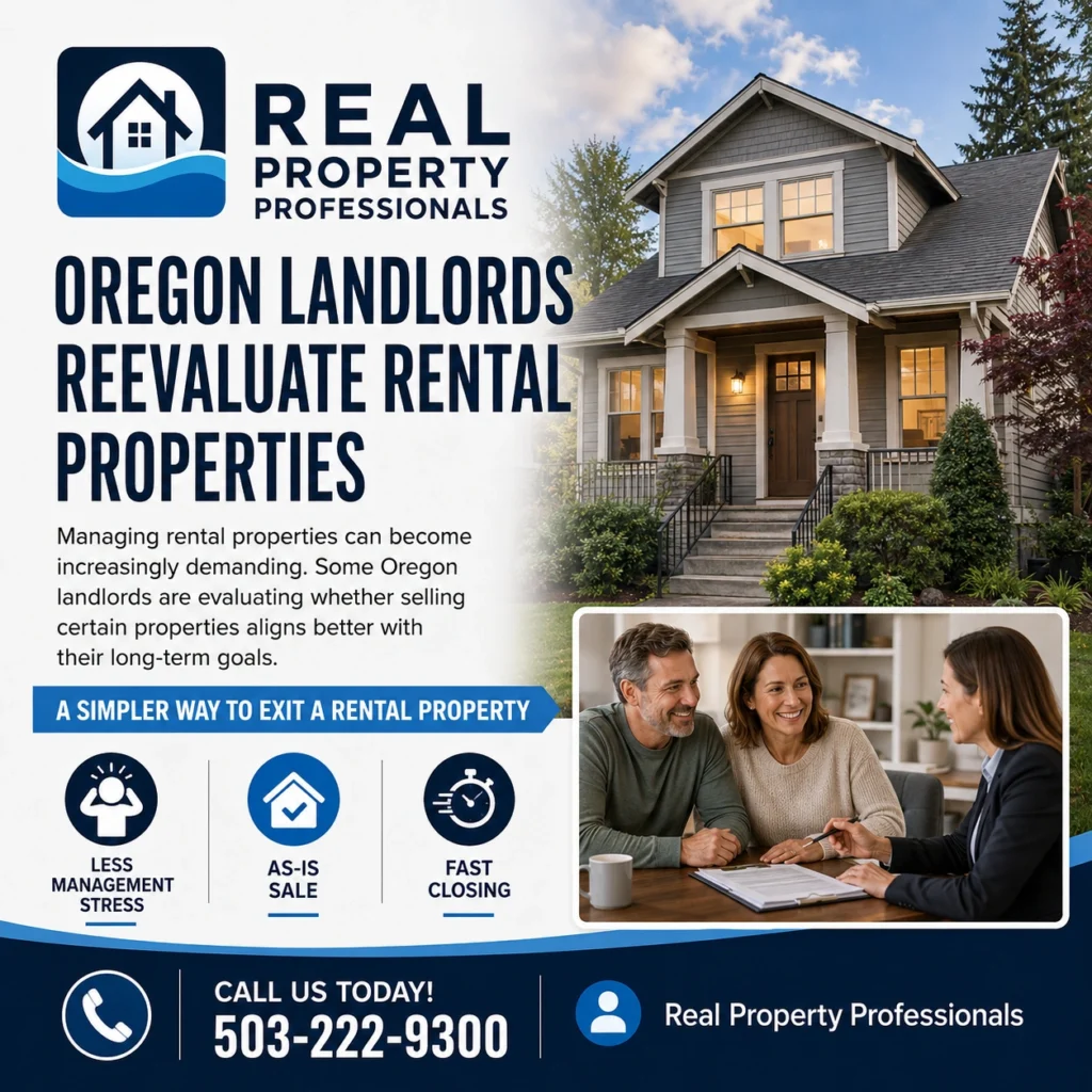 Real Property Professionals graphic about Oregon landlords reevaluating rental properties and considering an as-is sale with fast closing.
