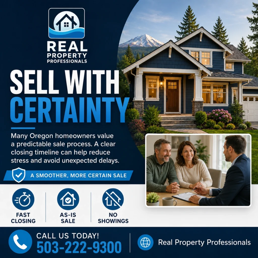 Real Property Professionals graphic showing an Oregon home and a sell with certainty message for homeowners looking for a predictable as-is sale.