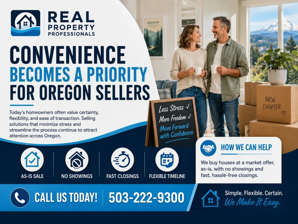 Convenience becomes a priority for Oregon sellers graphic for Real Property Professionals featuring homeowners moving forward, as-is sale benefits, and a hassle-free selling process.