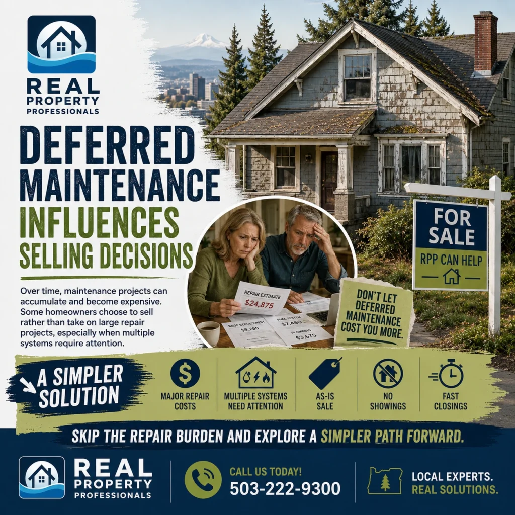 Deferred maintenance influences selling decisions graphic for Real Property Professionals featuring a distressed home, repair estimate, and as-is selling benefits.