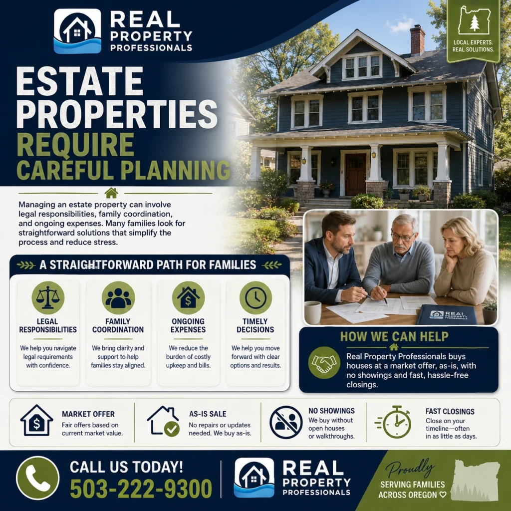 Estate properties require careful planning graphic for Real Property Professionals featuring an estate home, family consultation, and as-is selling benefits.