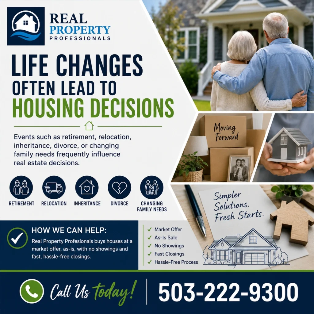 Life changes often lead to housing decisions graphic for Real Property Professionals featuring retirement, relocation, inheritance, divorce, and changing family needs.
