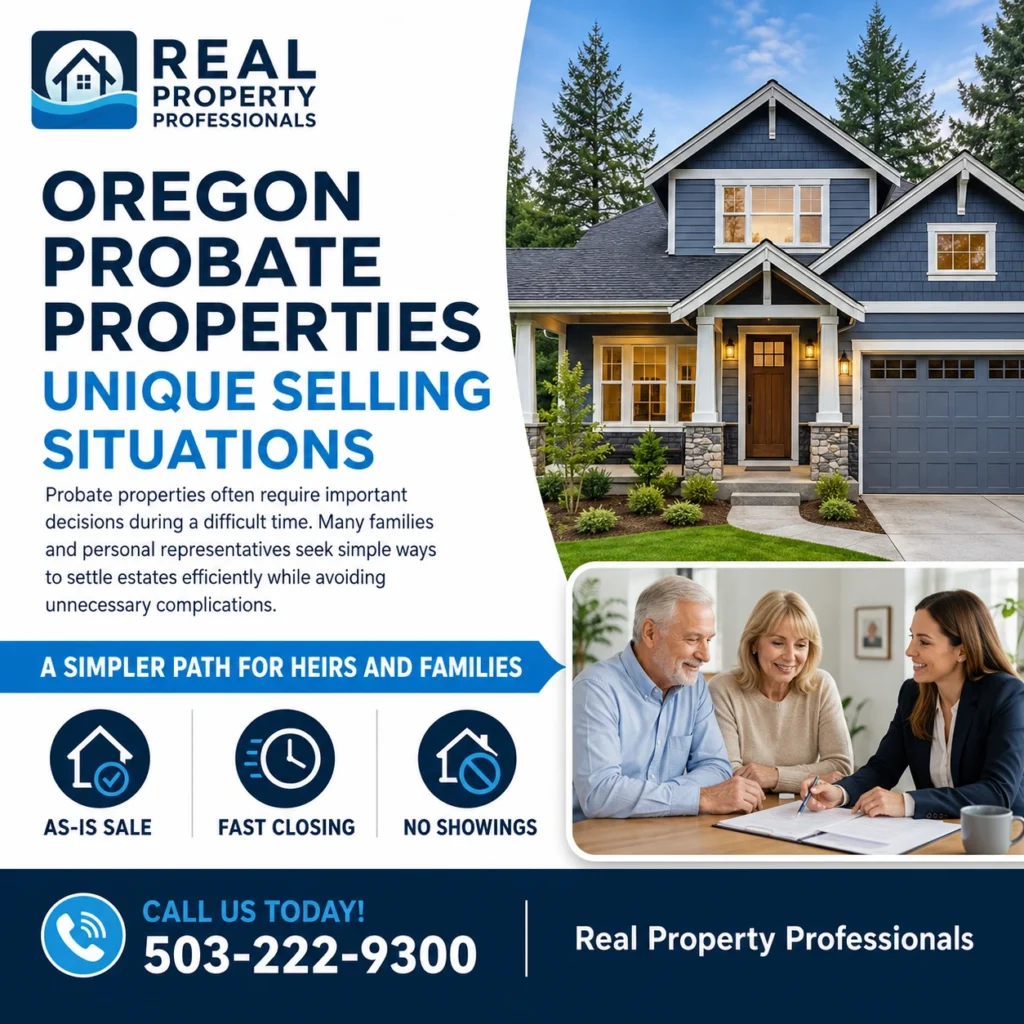 Oregon probate properties graphic for Real Property Professionals featuring a home, family consultation, and probate selling benefits.