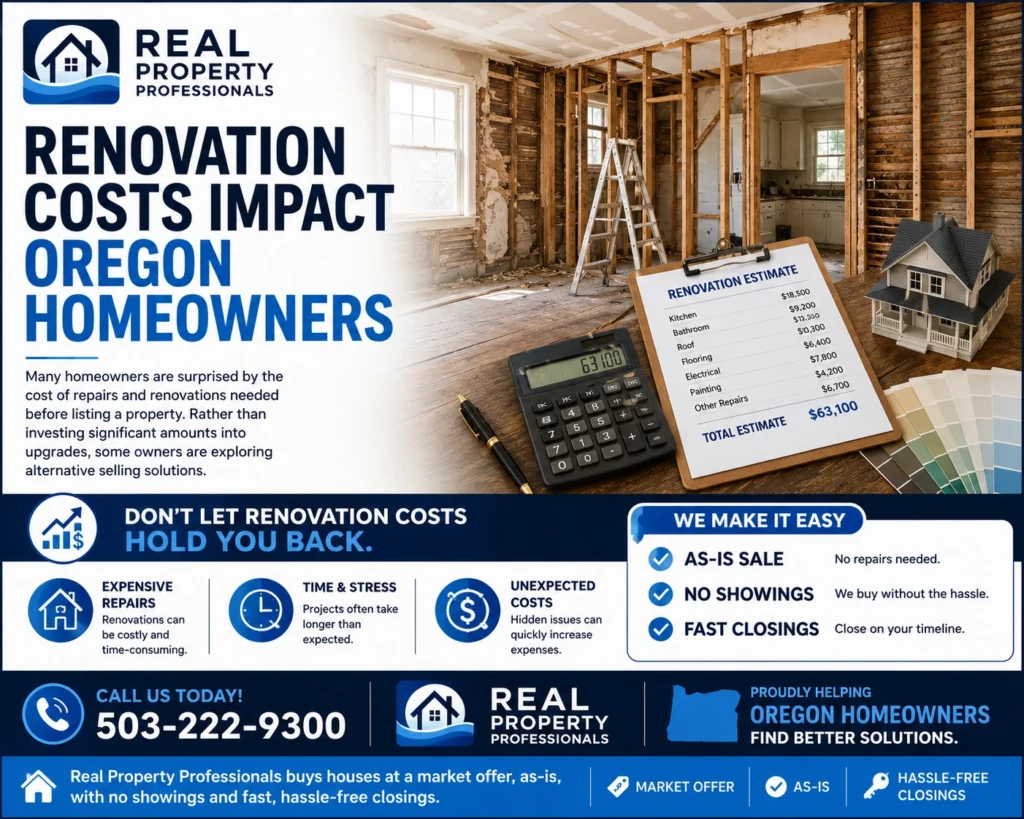 Renovation costs impact Oregon homeowners graphic for Real Property Professionals showing a home under renovation, repair estimates, and as-is selling benefits.