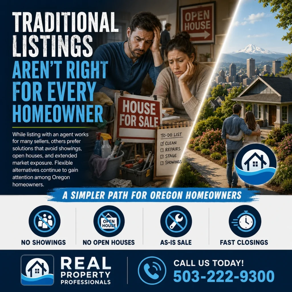 Traditional listings are not right for every homeowner graphic for Real Property Professionals featuring a stressed seller, open house concerns, and as-is selling benefits.