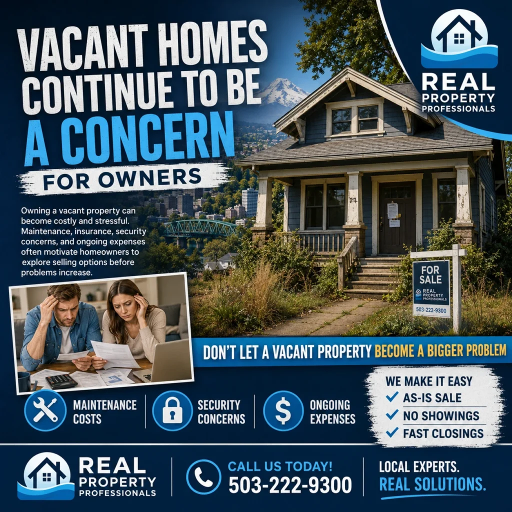 Vacant homes concern graphic for Real Property Professionals featuring an abandoned house, maintenance costs, security concerns, and ongoing expenses.
