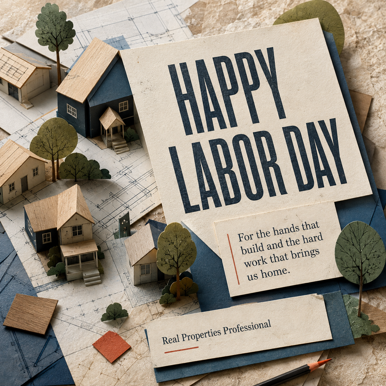 Happy Labor Day from Real Properties Professional, with miniature homes, trees, and architectural drawings.