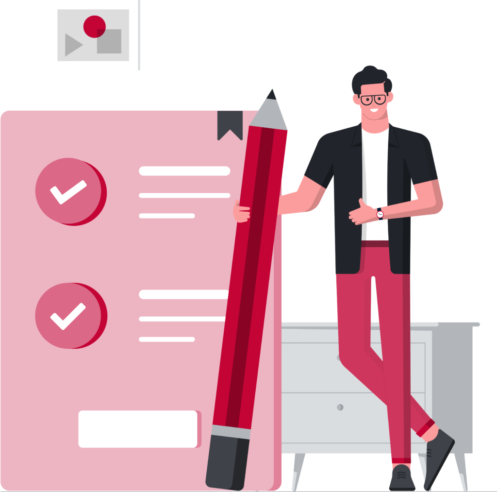 cartoon graphic - checklist w/ man holding pencil