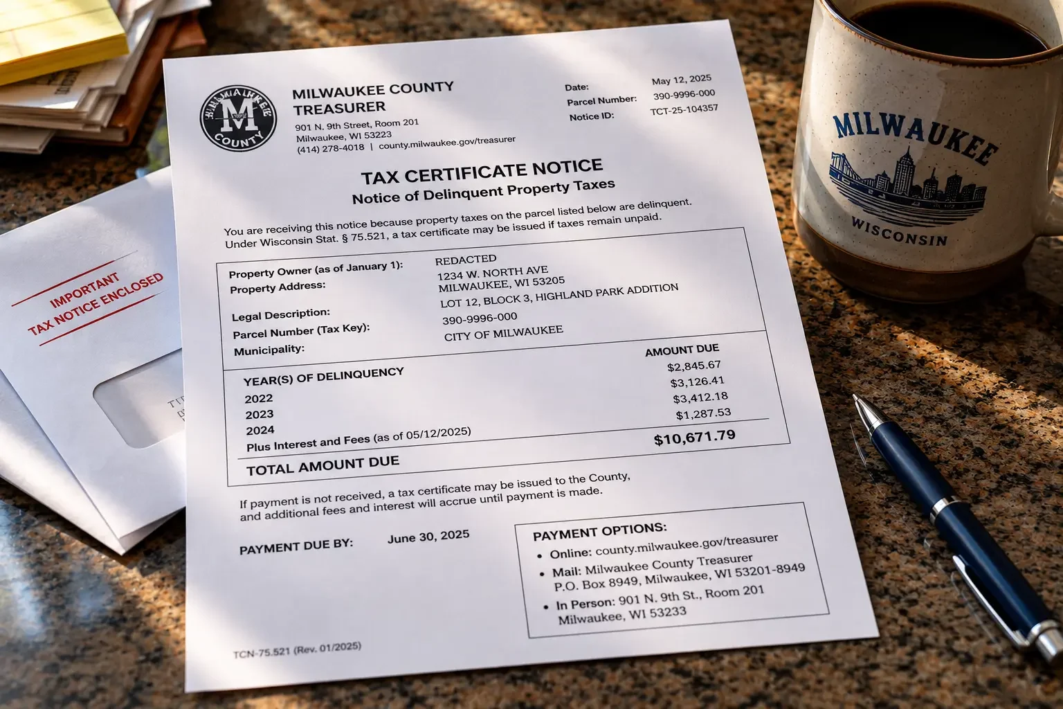 Wisconsin county treasurer tax certificate notice delinquent property tax