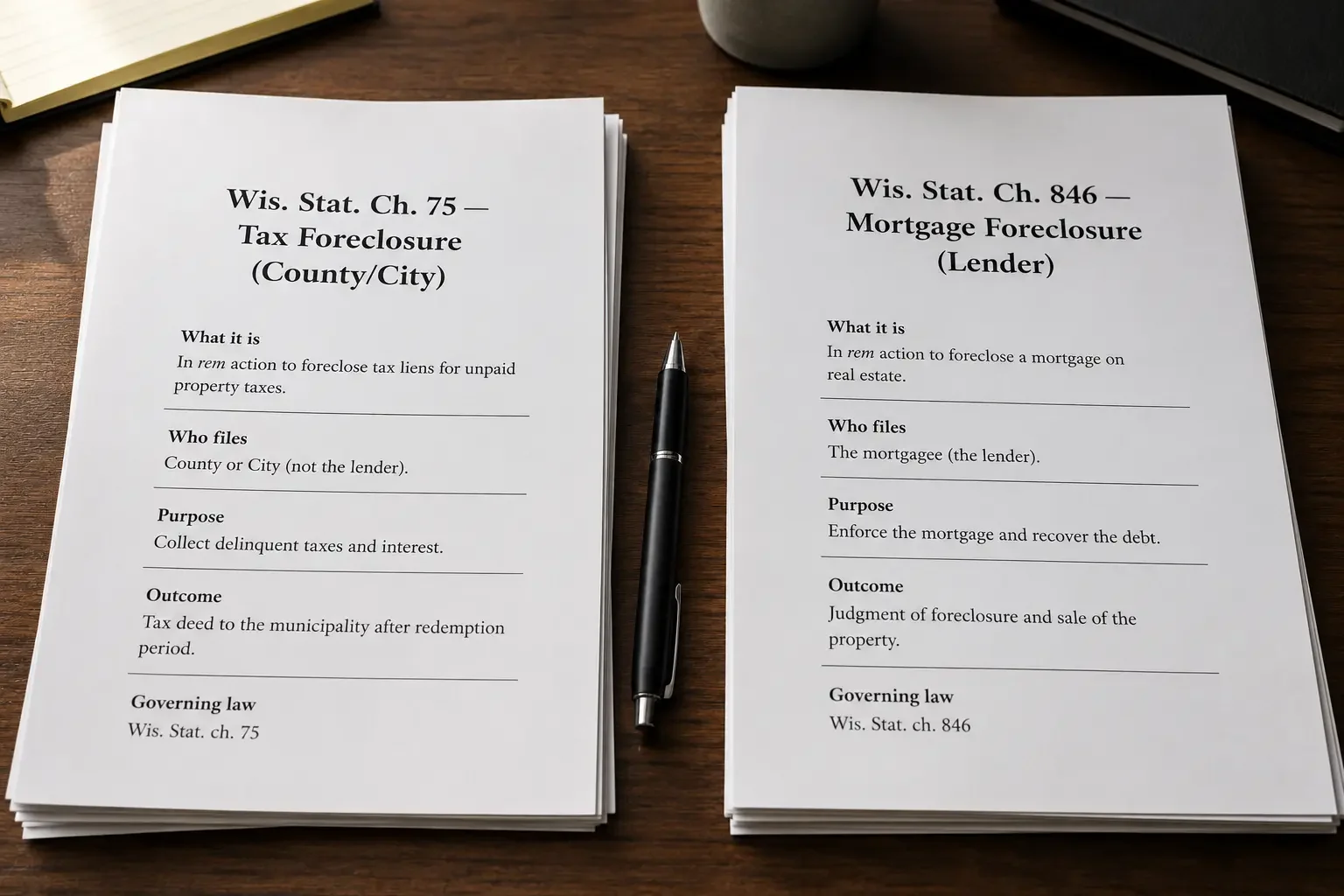 Comparison of Wisconsin tax foreclosure and mortgage foreclosure documents on a desk.