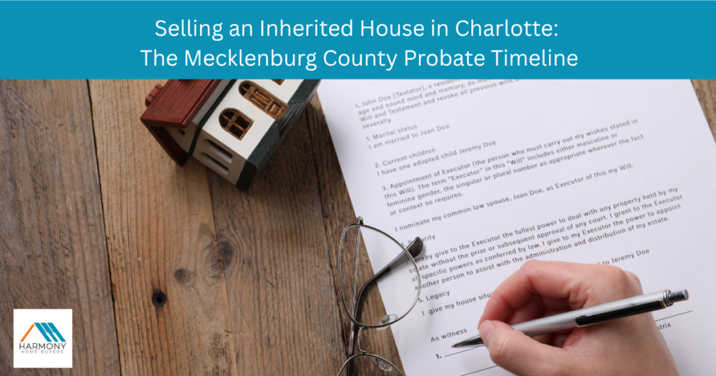 Front porch of an inherited family home in Charlotte, NC being settled through Mecklenburg County probate