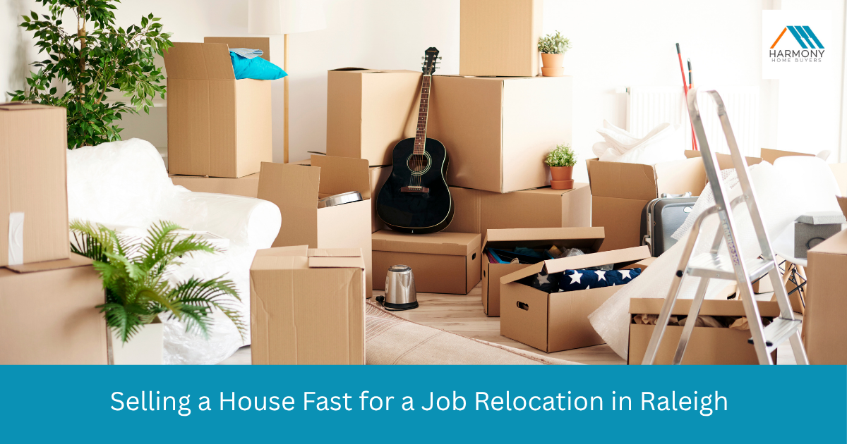 Moving boxes stacked in a Raleigh, NC living room during a job relocation out of the Research Triangle