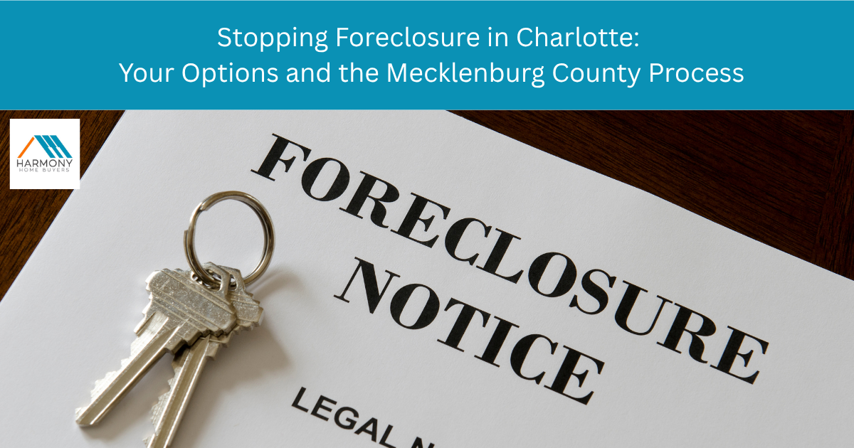 Charlotte, NC homeowner reviewing foreclosure options and mortgage paperwork at a kitchen table