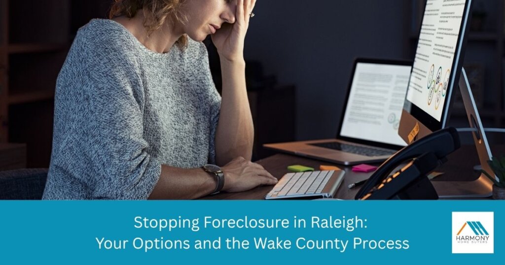 Raleigh, NC homeowner reviewing foreclosure options and mortgage documents in Wake County