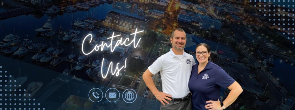 Owners Mike and Anne with Pensacola aerial image in background with "Contact Us."