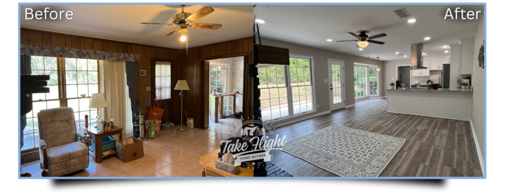 Before and After picture of a living room after a remodel.