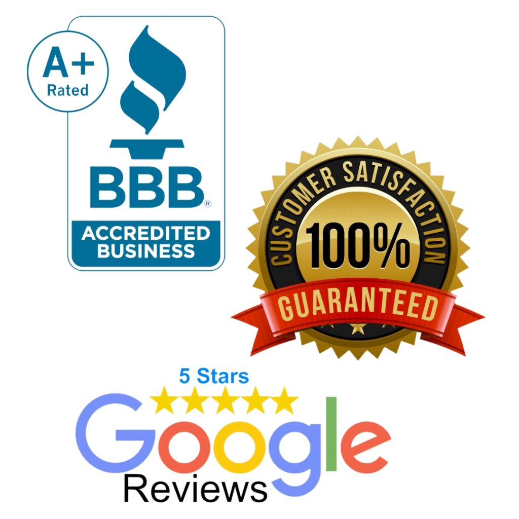 Image shows BBB A+ rating icon, 100% Customer Service Guaranteed seal, Google ratings 5 star