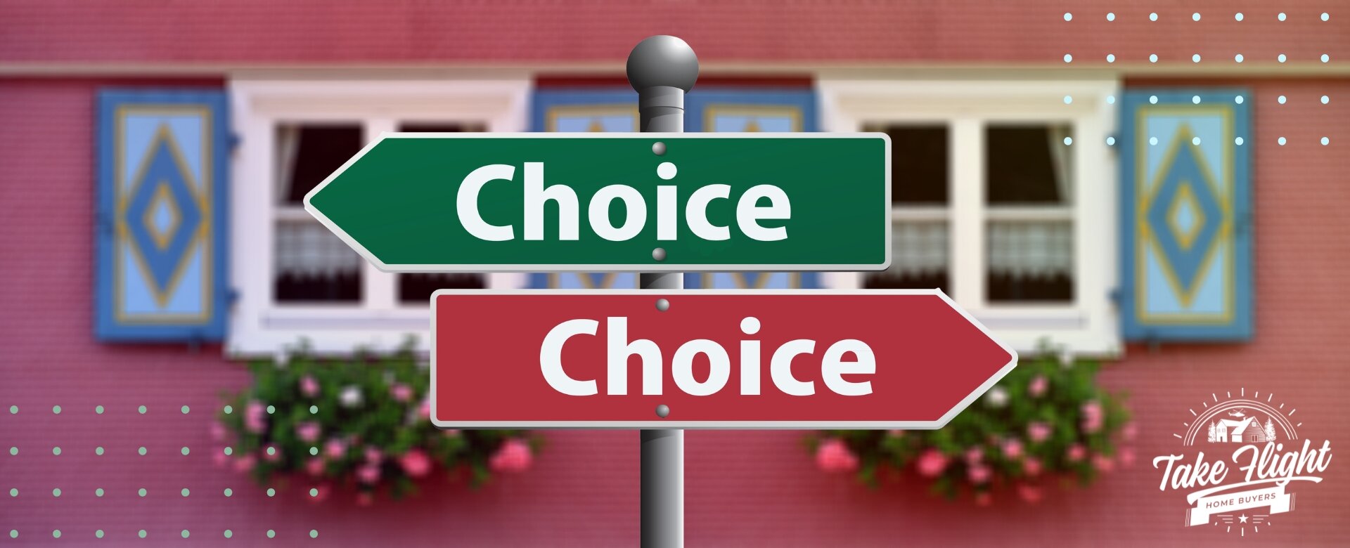 Street sign with opposing green and red arrows labeled "choice"