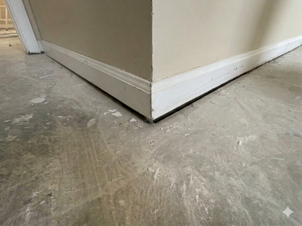Severe slab settlement in Medina Ohio home showing floor separation beneath wall framing